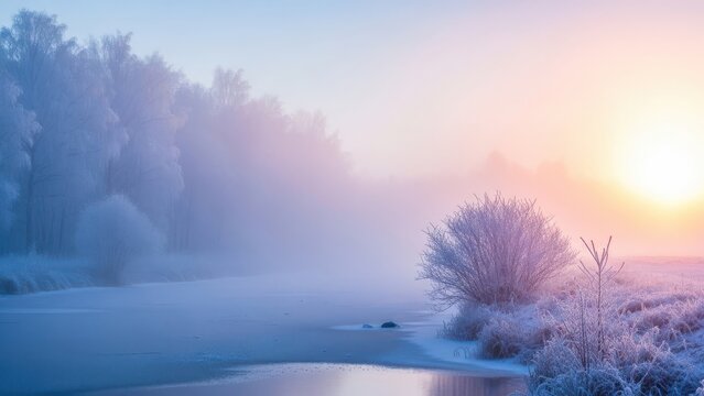 Frozen landscape at dawn with misty river and frosted trees isolated on transparent background - Powered by Adobe