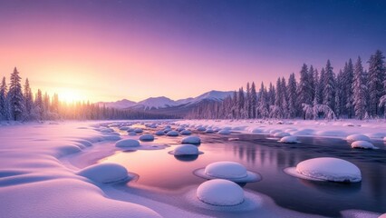 Serene winter landscape with snow covered trees and frozen river isolated on transparent background