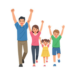 Fototapeta premium Happy family walking together with raised hands