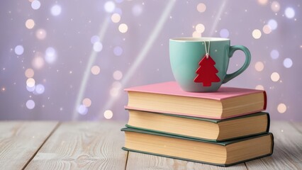 Cozy christmas morning with books and coffee isolated on transparent background