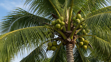 Obraz premium Close-up of a mature coconut tree laden with numerous green unripe coconuts against a backdrop of a clear sky