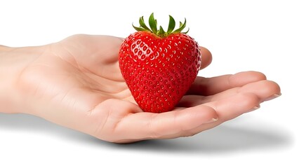 Obraz premium Holding a Fresh, Vibrant Strawberry in Hand for Healthy Eating Concepts and Summer Treats, Perfect for Nutrition and Delicious Dessert Imagery