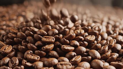 Closeup view of aromatic roasted coffee beans falling and accumulating creating a rich brown texture and inviting background perfect for showcasing the freshness and quality of gourmet coffee product.