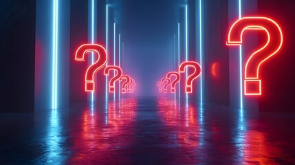 Series of illuminated question marks recede into a dark, neon-lit corridor