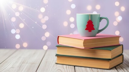 Christmas mug on a stack of books with festive lights isolated on transparent background