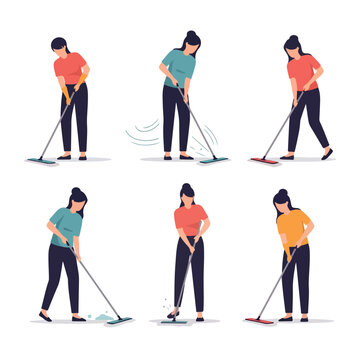 Woman mopping floor in various poses
