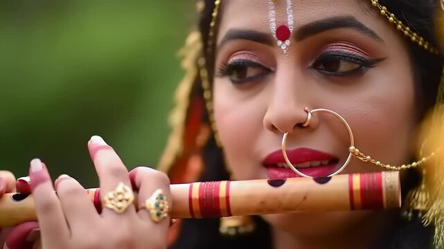 Beautiful Indian Woman Dressed as Radha Playing Bansuri Flute.