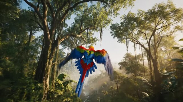 Brightly colored parrot with blue, red, and yellow plumage in mid-flight through a lush, sun-dappled jungle canopy.
