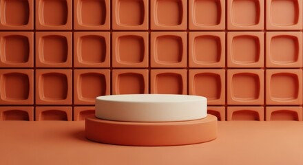 Orange and White Podium on Geometric Tiled Wall, Vibrant Minimalist Pop Art Product Display: Retail Showcase, Colorful Interior Presentation, Abstract Vertical Mockup.