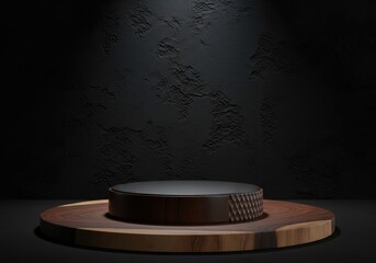 Dark Podium with Textured Wood Base and Rough Wall, Rustic Minimalist Product Display Stage: Home Decor Showcase, Abstract Industrial Presentation, Dark Vertical Mockup.