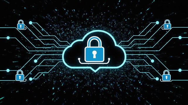 Digital cloud encircled by protective shields and padlocks emerging across data lines representing secure connectivity