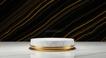White marble podium with gold base against a flowing black and gold abstract wall: High-end luxury cosmetic display.