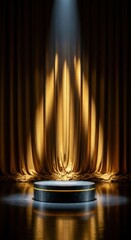 Black Podium with Neon Light against Gold Curtains, Dramatic Theatrical Event Stage Display: Exclusive Product Launch, Grand Ceremony Backdrop, High-Contrast Vertical Mockup.