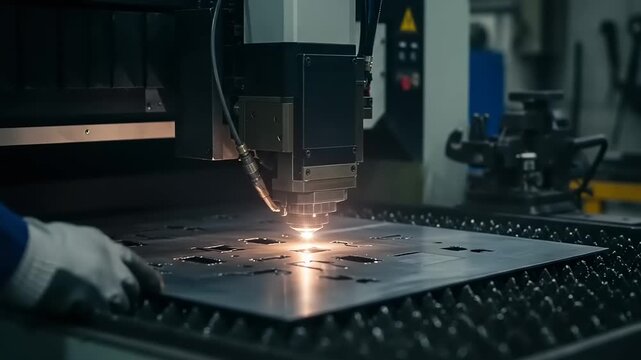 Laser cutting metal sheet in industrial workshop setting