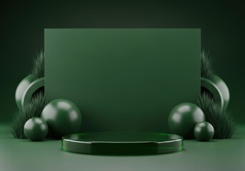 Dark green glass podium with board and grass and spheres: Natural themed organic product presentation.