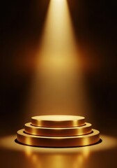 Luxurious Tiered Gold Podium under Intense Spotlight, Elegant Vertical Product Display Stage: Award Ceremony Backdrop, Exclusive Launch Showcase, Dramatic High-End Mockup.