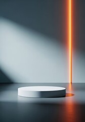 Minimalist White Podium with Vertical Orange Neon Light, High-Contrast Product Display Stage: Clean Aesthetic Showcase, Tech Presentation, Simple Vertical Mockup.