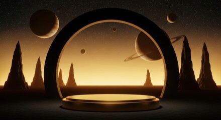 Gold Podium under Arch on Alien Planet, Futuristic Sci-Fi Space Product Display Backdrop: Tech Launch Showcase, Abstract Cosmic Presentation, Cinematic Vertical Mockup.