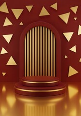 Red Tiered Podium with Gold Fluted Arch and Triangles, Luxurious Minimalist Product Display: Exclusive Cosmetic Showcase, Elegant Interior Presentation, Modern Vertical Mockup.