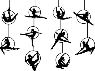 Elegant aerial hoop acrobats performing dynamic balanced poses in silhouette, showcasing flexibility, strength, artistic movement and circus performance in a detailed vector illustration design © Sarsoti