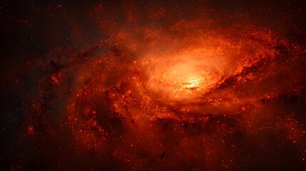 Intense spiral galaxy radiates fiery orange and red light across the dark expanse of space