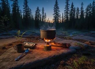 Tranquil forest campsite with a steaming pot on a glowing portable stove at twilight