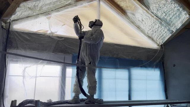 Construction worker applying spray polyurethane foam insulation