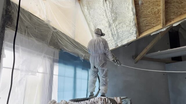 Worker applying polyurethane foam insulation to attic ceiling
