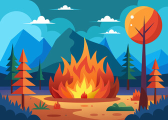 Vector flat design showing wildfire in forest, global warming impact