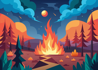 Vector flat design showing wildfire in forest, global warming impact