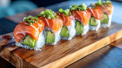 Row of fresh salmon and avocado rolls presented beautifully on a wooden serving board