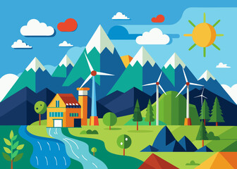  Vector illustration of a mountain landscape with renewable energy icons and wind turbines