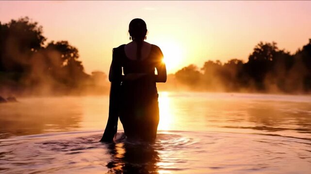 Silhouette of Indian woman bathing in river at sunrise