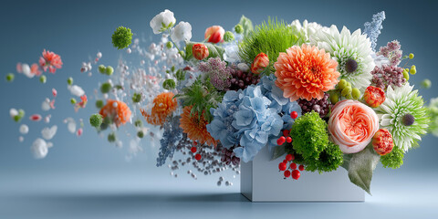 Vibrant bouquet of flowers bursts from book, featuring dahlias, hydrangeas, and roses in dynamic, colorful display against soft blue background