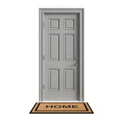 White door with welcome mat isolated on transparent background