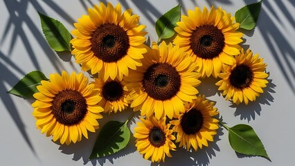 Fototapeta premium Sunny disposition of sunflowers, evoking warmth and cheerful feelings, light play