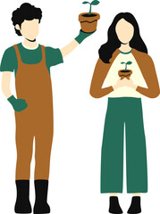 Couple gardening with potted plants, symbolizing growth, sustainability, and environmental care in a flat illustration style.