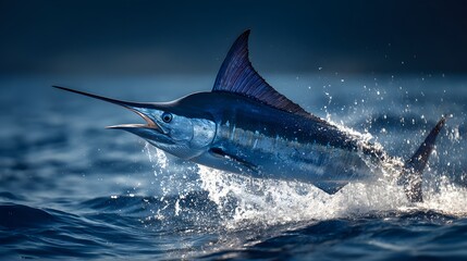 Fototapeta premium Powerful billfish breaches surface creating dramatic water spray in deep blue ocean