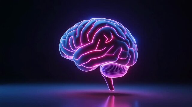 A neon digital brain floats in empty space, glowing with vivid electric lines that trace neural pathways. The structure pulses softly.