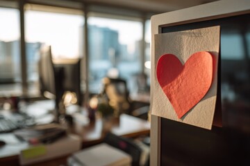 Red paper heart notes displayed in a modern office environment, symbolizing workplace appreciation, friendly affection, and subtle Valentine&rsquo;s Day emotions.