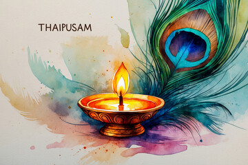 Thaipusam Hindu holiday greeting card with peacock feather and oil lamp background AI Generative
