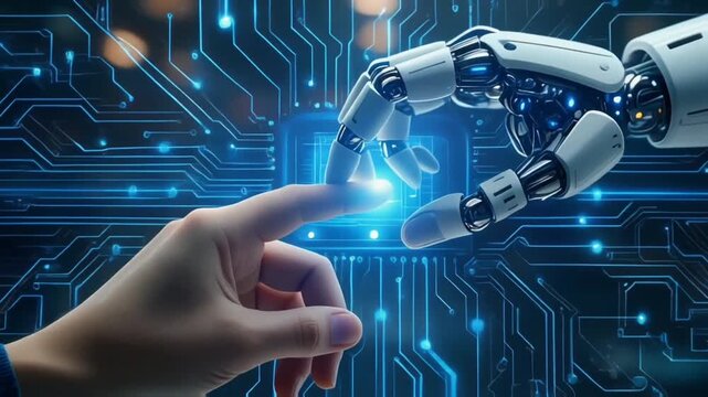 A robotic hand gently connecting with a human fingertip, emitting glowing blue circuitry. The scene reflects advanced collaboration, trust, and the evolution of symbiotic human-AI partnership.