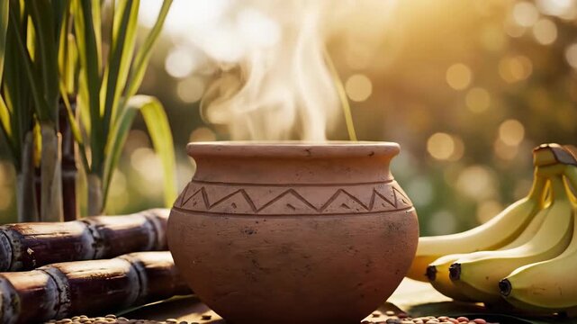 Traditional clay pot steaming with Pongal surrounded by harvest festival elements