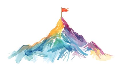 Watercolor Mountain Peak with Flag: Goal Achievement Concept