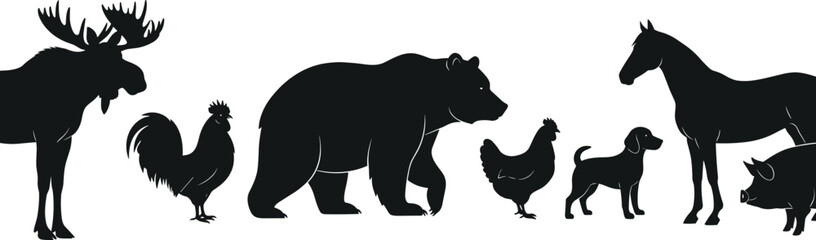 Set of various animal silhouettes in a horizontal line, including moose, rooster, bear, chicken, small dog, horse, and pig, black vector illustration for farm, wild, and domestic animal themes.