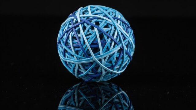 Blue rubber band ball on reflective black surface.
