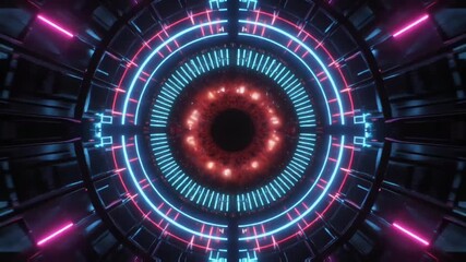 A vibrant cyber eye radiates red-blue energy rings, capturing intricate optical data with AI precision. The iris is surrounded by luminous digital structures and scanning motion.