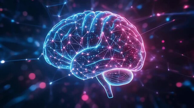 A glowing digital brain silhouette filled with interconnected neural nodes lights up in blue and pink hues, representing intelligent digital processing and advanced neural computation.