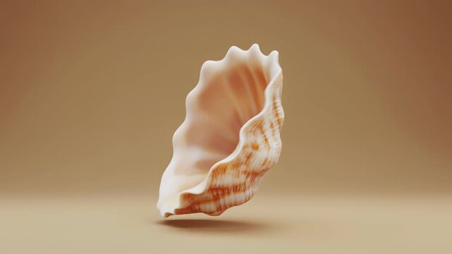 A single conch seashell with intricate textures and spiral shape, standing upright on a plain brown background.
