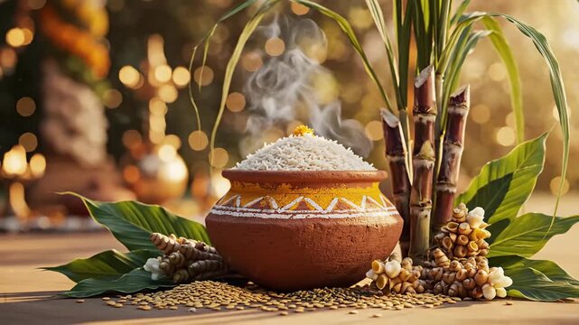 Steaming Rice in Clay Pot Surrounded by Sugarcane and Grains Pongal